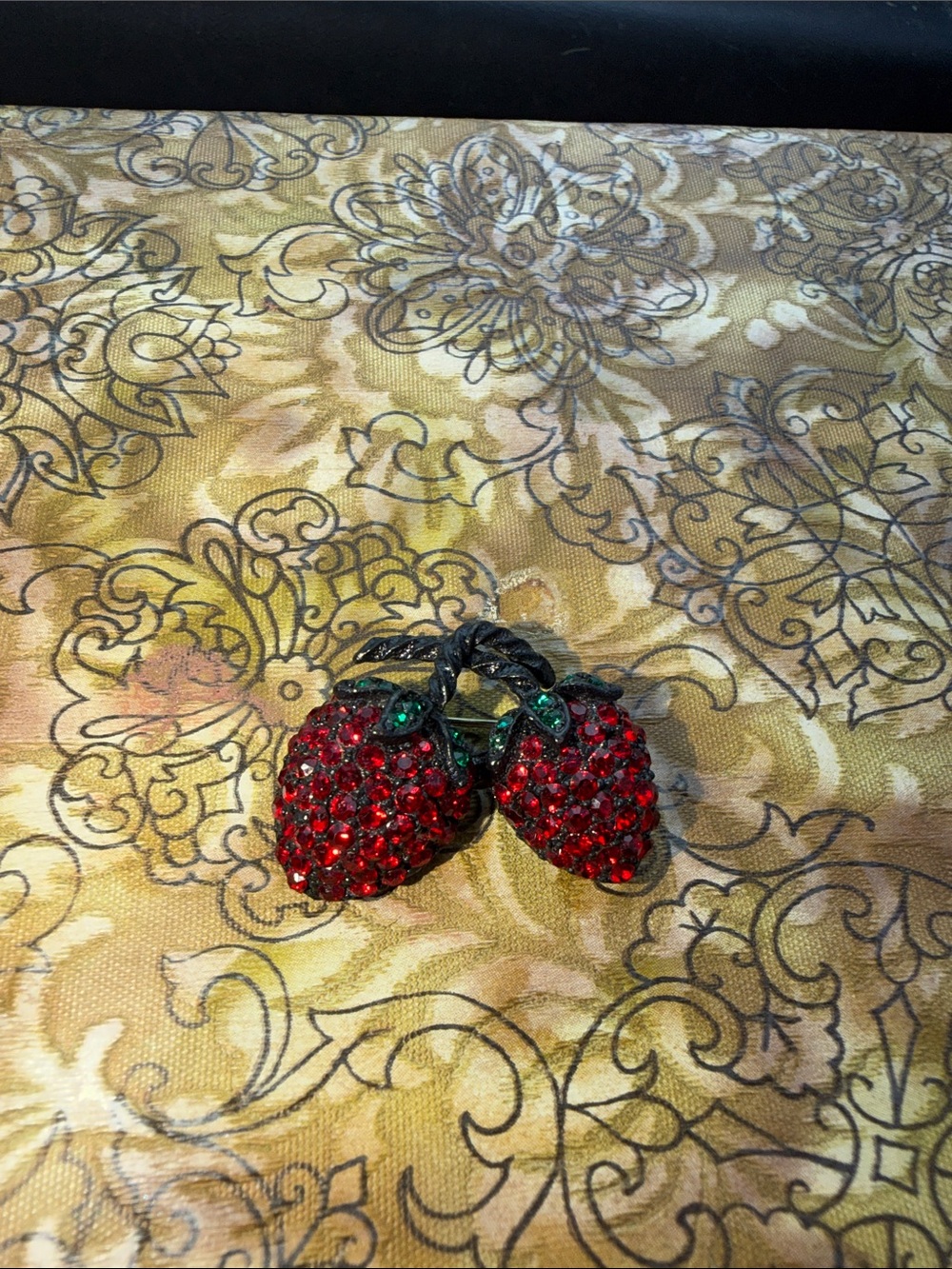 Albert Weiss Red and Green Crystal Strawberry Brooch